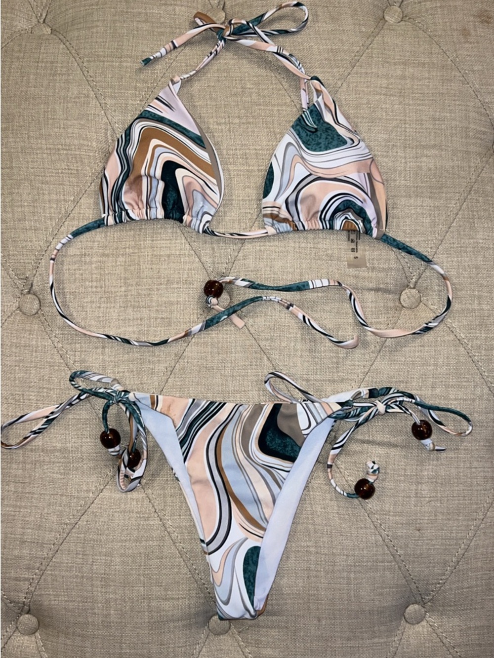 SHEIN Marble-Print Tie-Side Bikini in Pink, Teal & Tan